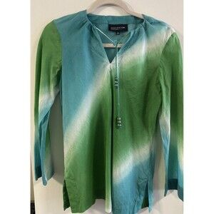 Jones New York Petite PL Green Blue Ombre Cotton Tie Neck Blouse Coastal Resort